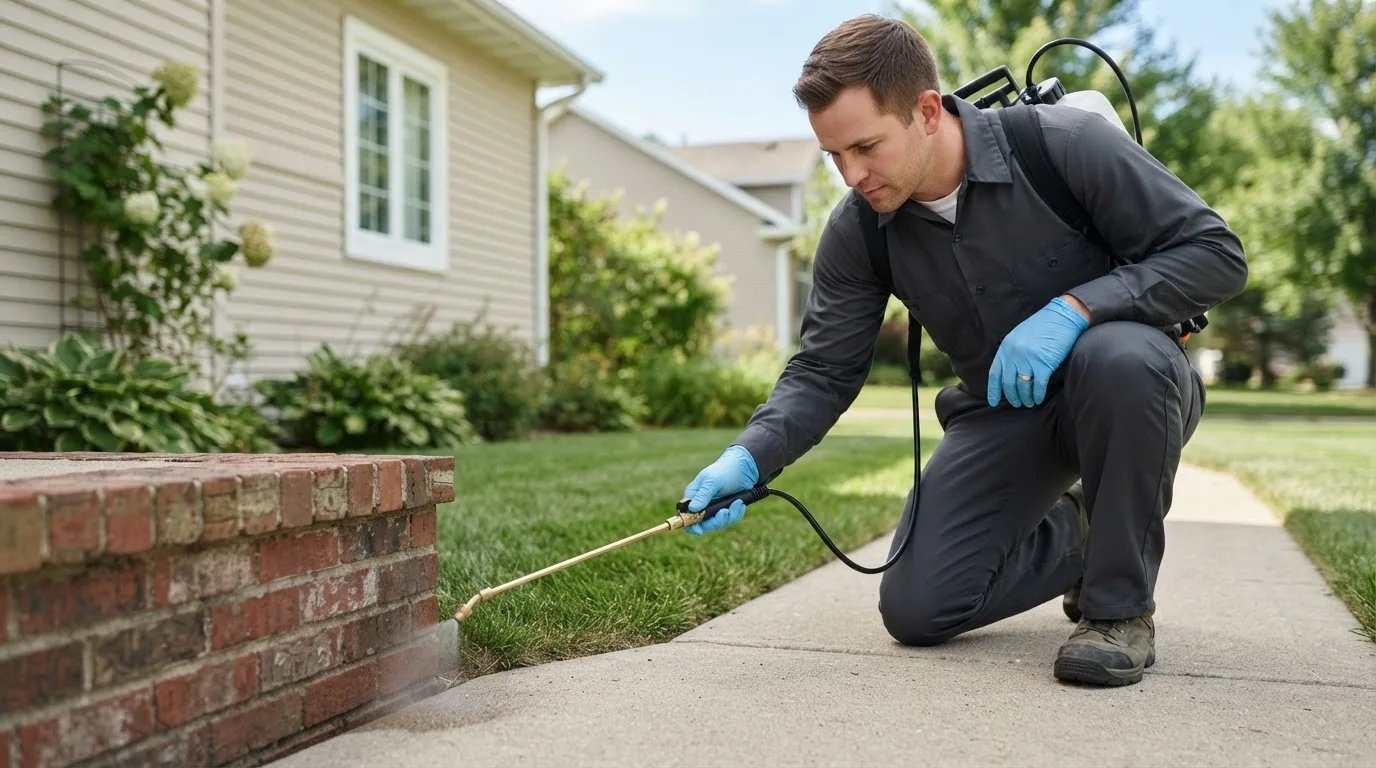 Pest control technician treating a home near Foster, RI